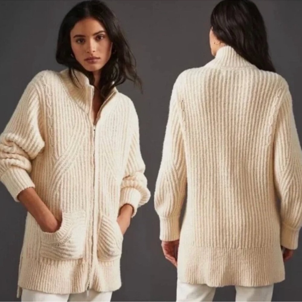 Anthropologie Pilcro Cream Zip Cardigan Wool Blend Chunky Knit XS